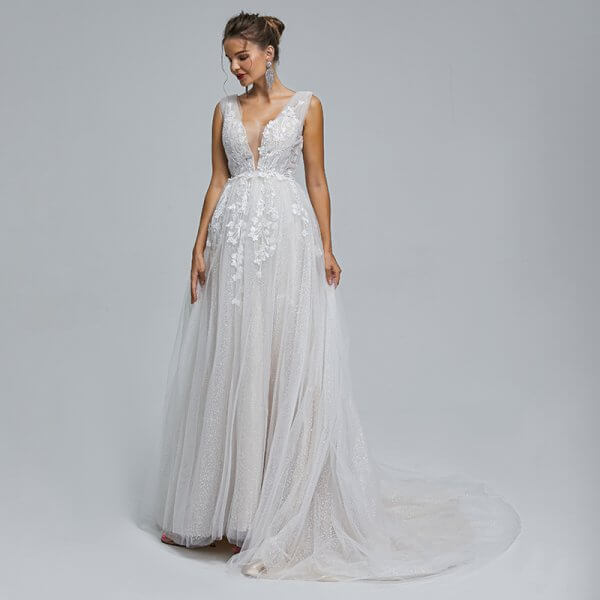 v neck applique sleeveless a line long wedding dress st005