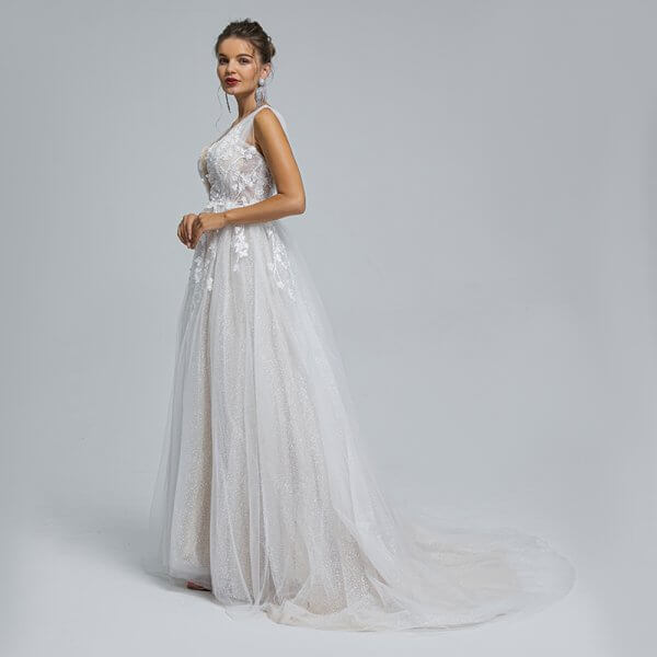 v neck applique sleeveless a line long wedding dress st005