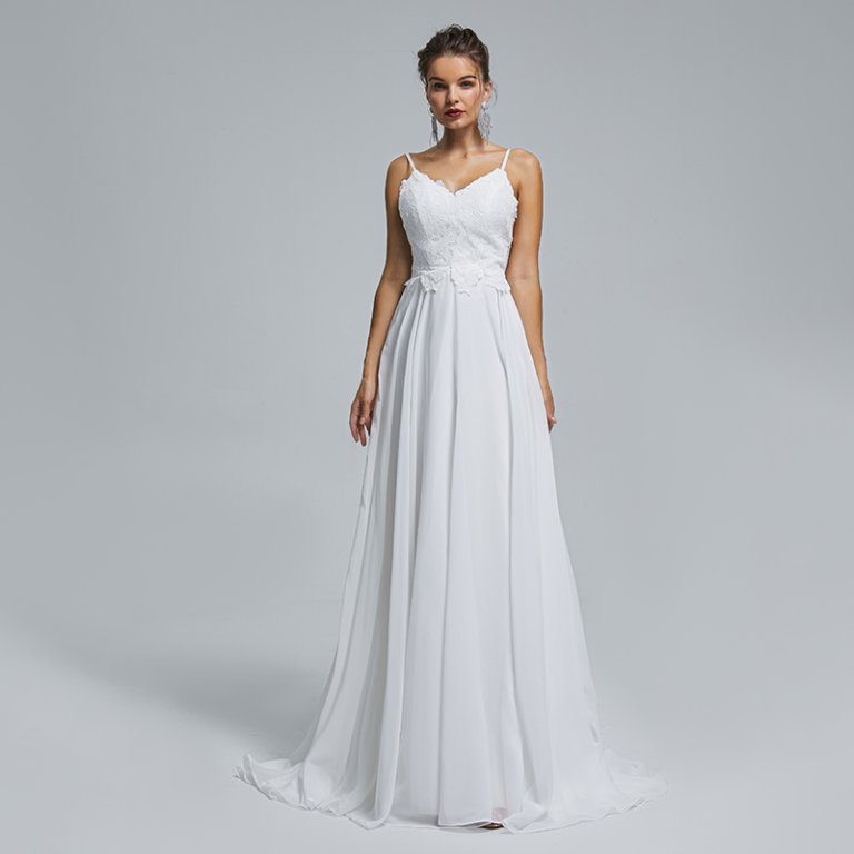 spaghetti v neck applique sleeveless chiffion wedding dress st006