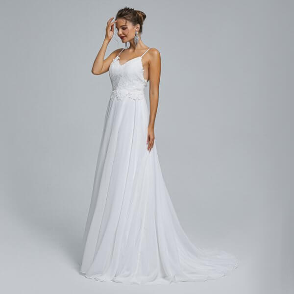 spaghetti v neck applique sleeveless chiffion wedding dress st006