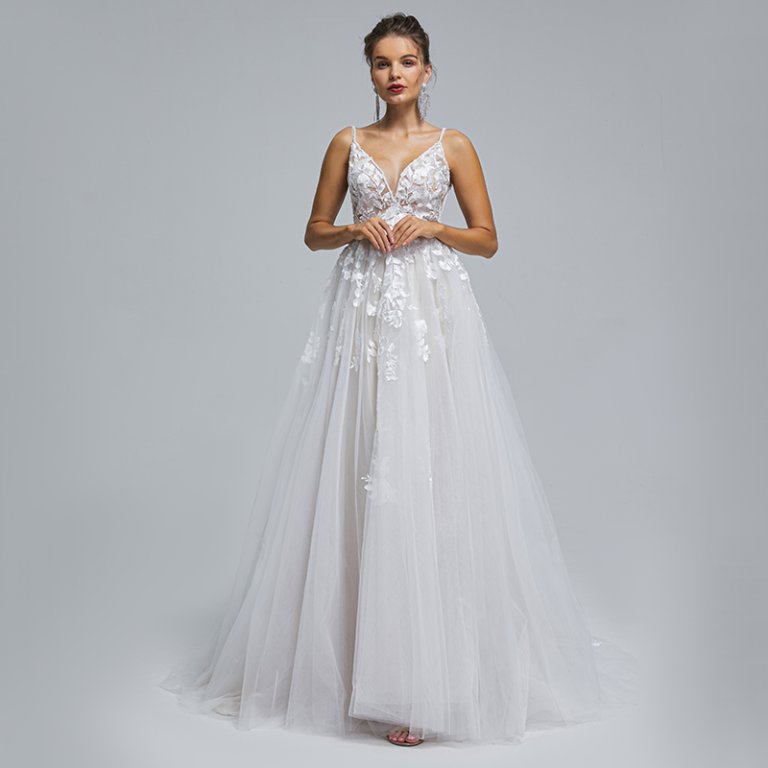 spaghetti v neck applique sleeveless tull wedding dress st007