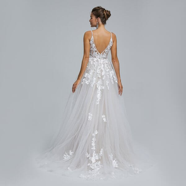 spaghetti v neck applique sleeveless tull wedding dress st007