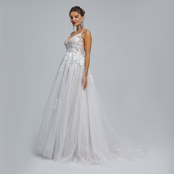 spaghetti v neck applique sleeveless tull wedding dress st007