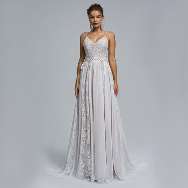 spaghetti v neck a line lace sleeveless tull wedding dress st009
