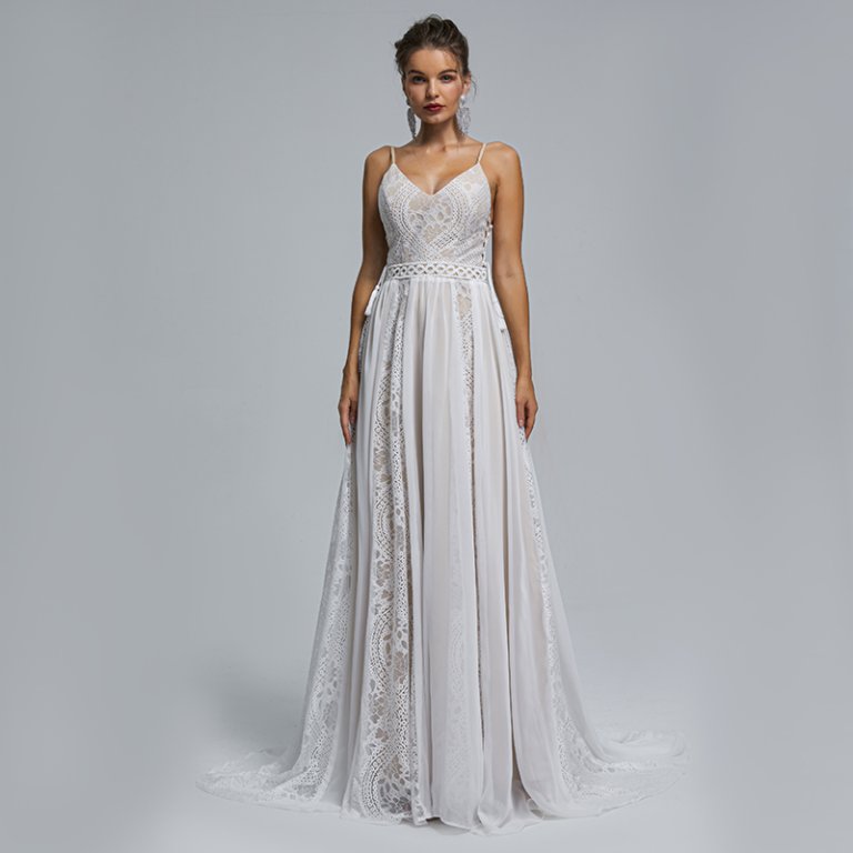 spaghetti v neck a line lace sleeveless tull wedding dress st009