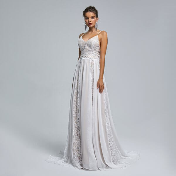spaghetti v neck a line lace sleeveless tull wedding dress st009