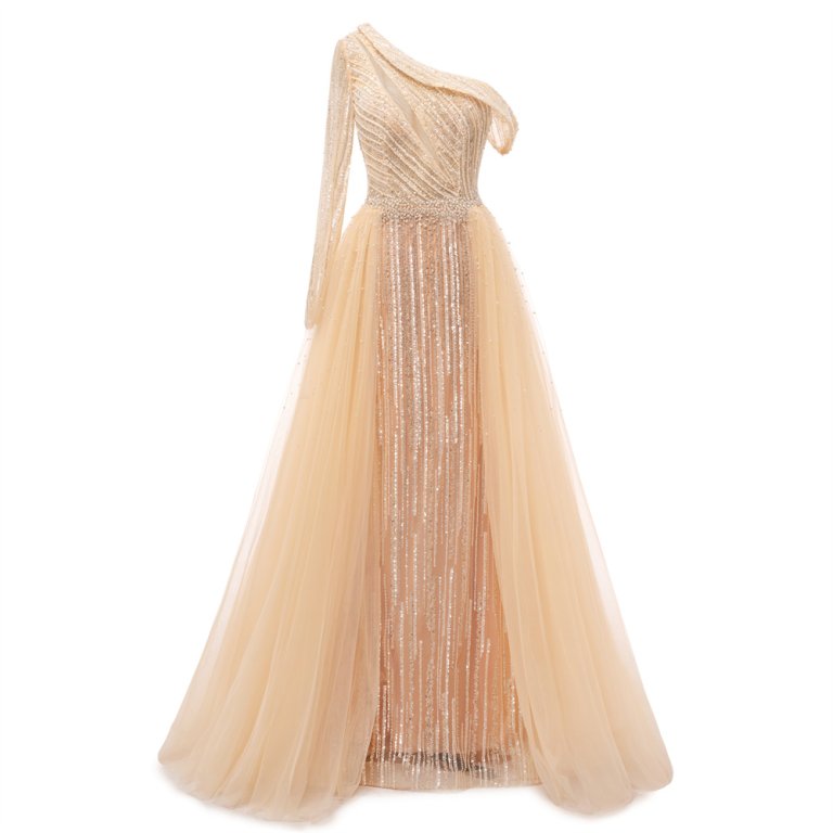 sexy champange one shoulder long sleeve mermaid formal prom dress evening gown www72001