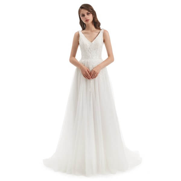 elegant v neck a line sleeveless applique wedding dress wz001