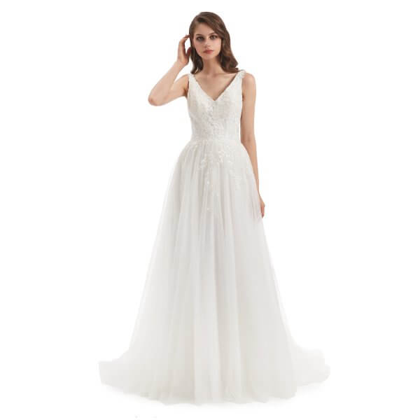 elegant v neck a line sleeveless applique wedding dress wz001