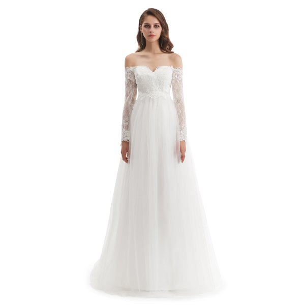 elegant off the shoulder long sleeve lace applique a line wedding dress wz003