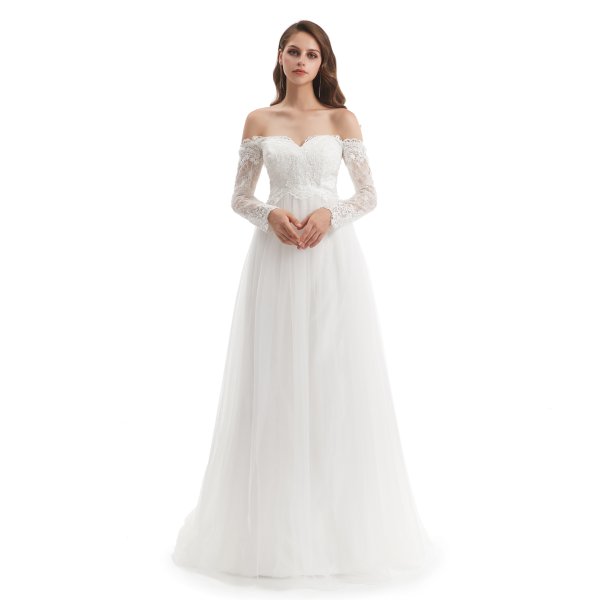 elegant off the shoulder long sleeve lace applique a line wedding dress wz003