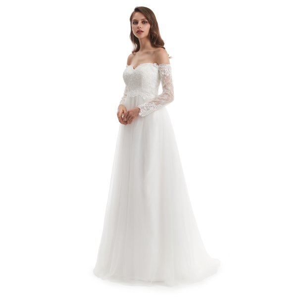elegant off the shoulder long sleeve lace applique a line wedding dress wz003
