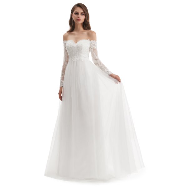 elegant off the shoulder long sleeve lace applique a line wedding dress wz003