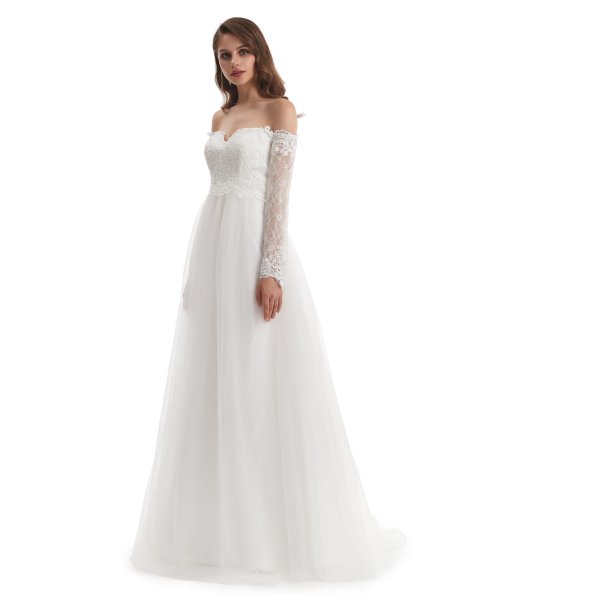 elegant off the shoulder long sleeve lace applique a line wedding dress wz003