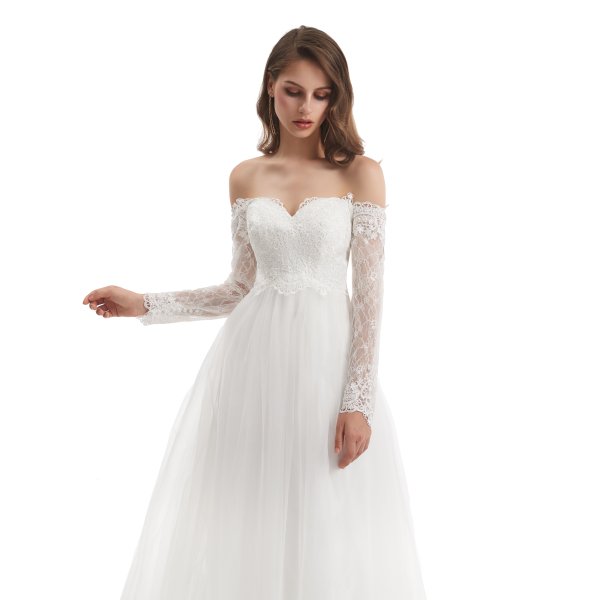 elegant off the shoulder long sleeve lace applique a line wedding dress wz003