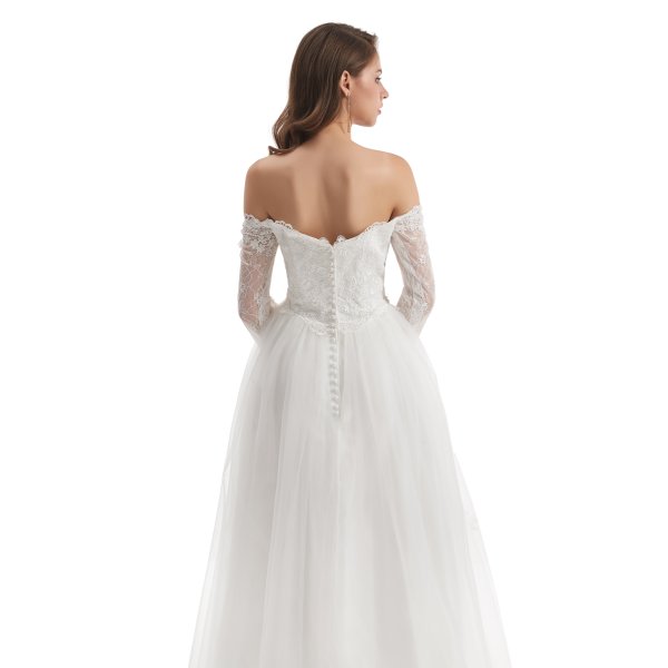 elegant off the shoulder long sleeve lace applique a line wedding dress wz003