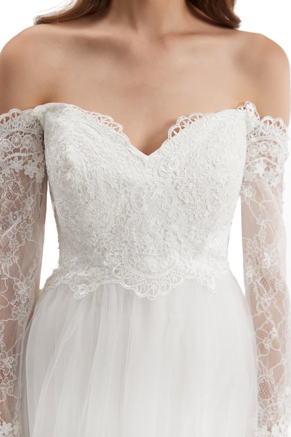 elegant off the shoulder long sleeve lace applique a line wedding dress wz003