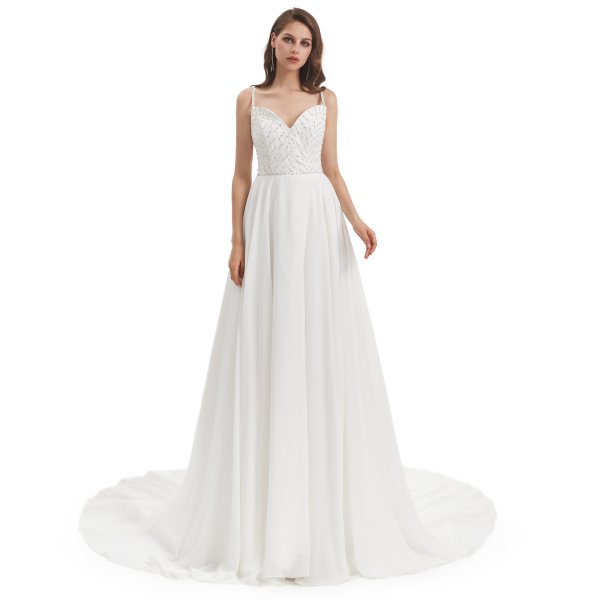 spaghetti sleeveless chiffion beading a line long wedding dress wz006