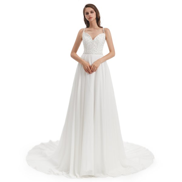 spaghetti sleeveless chiffion beading a line long wedding dress wz006