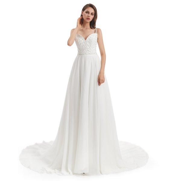 spaghetti sleeveless chiffion beading a line long wedding dress wz006