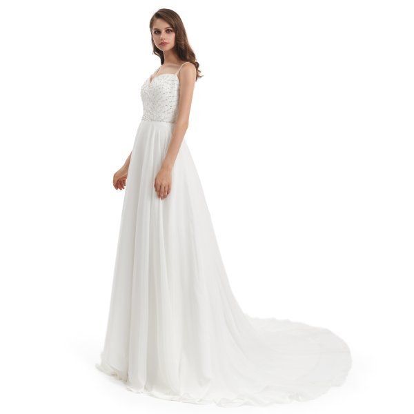 spaghetti sleeveless chiffion beading a line long wedding dress wz006