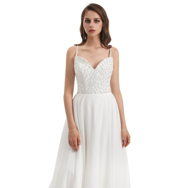 spaghetti sleeveless chiffion beading a line long wedding dress wz006