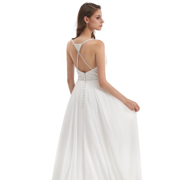 spaghetti sleeveless chiffion beading a line long wedding dress wz006