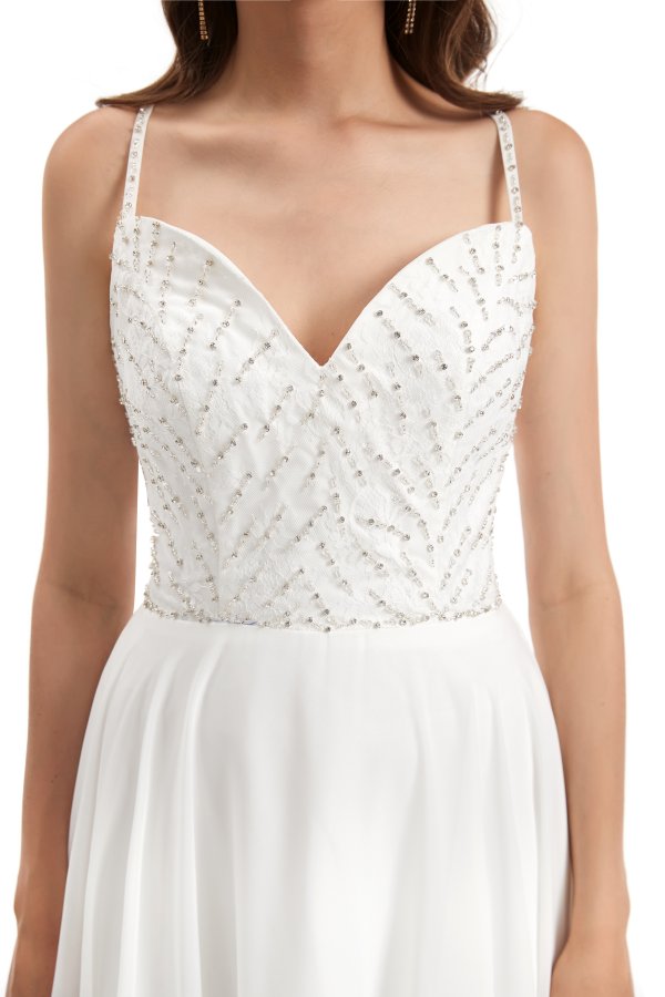 spaghetti sleeveless chiffion beading a line long wedding dress wz006