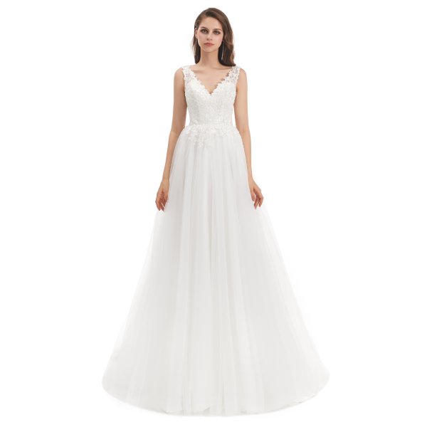 simple sleeveless tull applique a line long wedding dress wz007