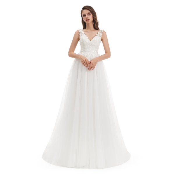 simple sleeveless tull applique a line long wedding dress wz007