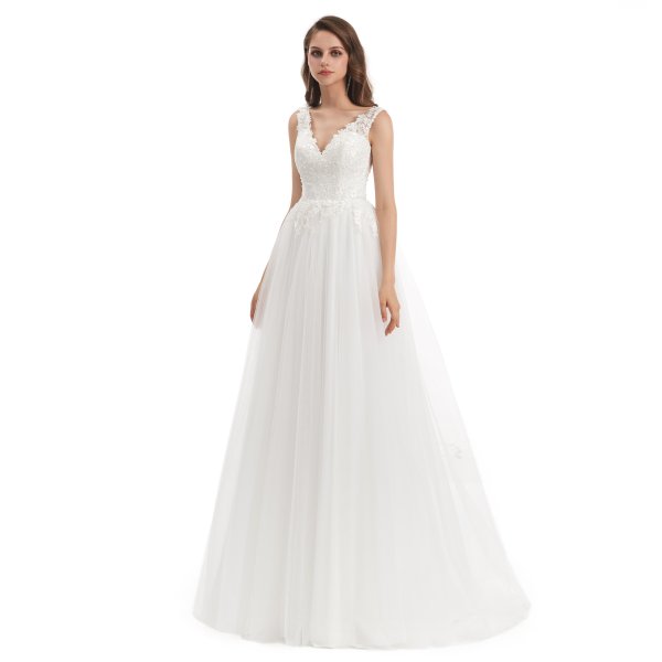 simple sleeveless tull applique a line long wedding dress wz007