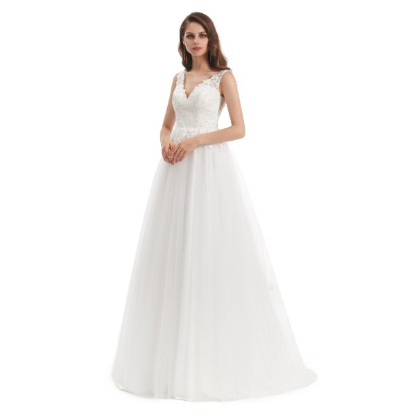 simple sleeveless tull applique a line long wedding dress wz007