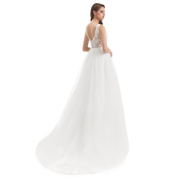 simple sleeveless tull applique a line long wedding dress wz007