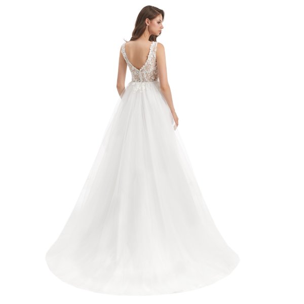 simple sleeveless tull applique a line long wedding dress wz007