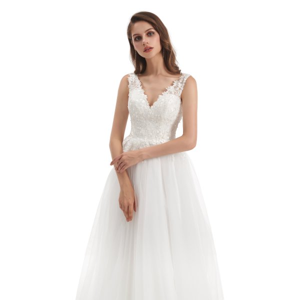 simple sleeveless tull applique a line long wedding dress wz007