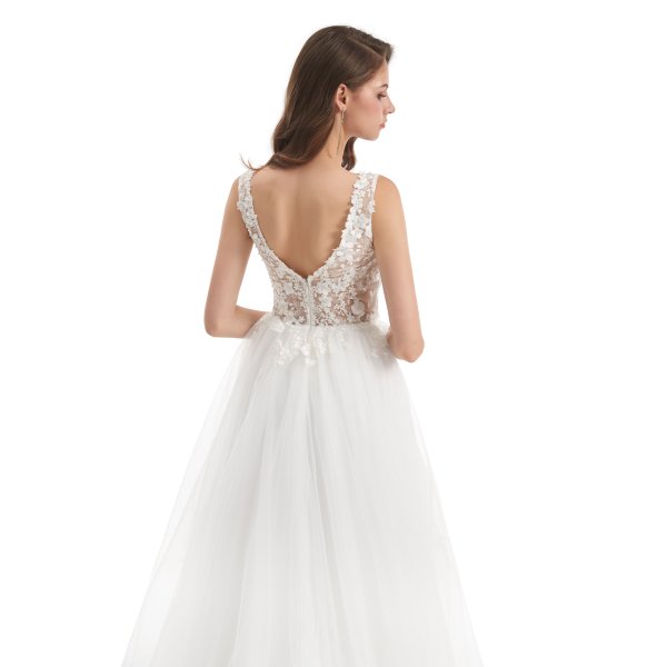 simple sleeveless tull applique a line long wedding dress wz007