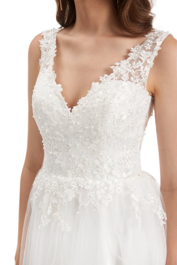 simple sleeveless tull applique a line long wedding dress wz007