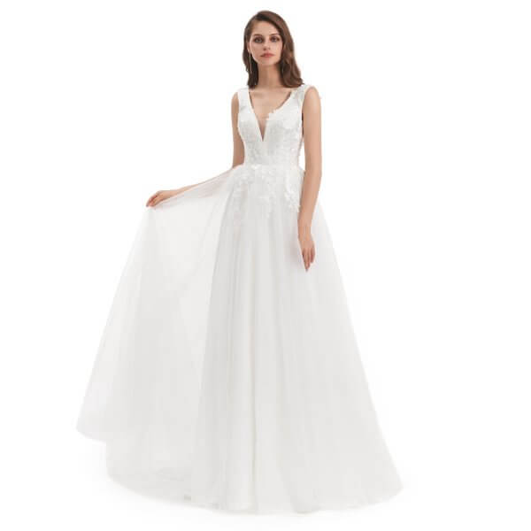 spaghetti v neck a line sleeveless tull wedding dress wz008