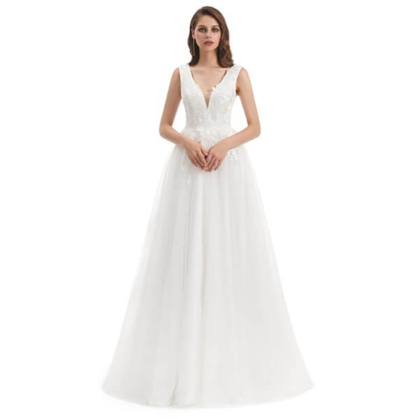 spaghetti v neck a line sleeveless tull wedding dress wz008