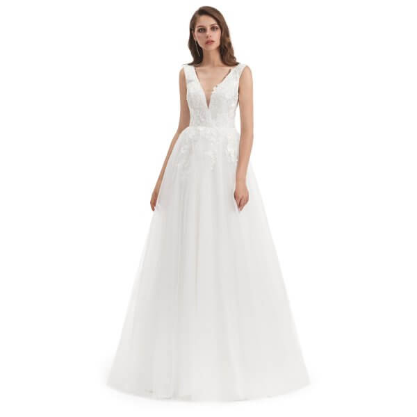 spaghetti v neck a line sleeveless tull wedding dress wz008