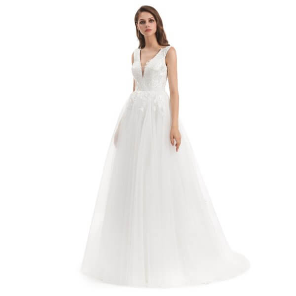 spaghetti v neck a line sleeveless tull wedding dress wz008