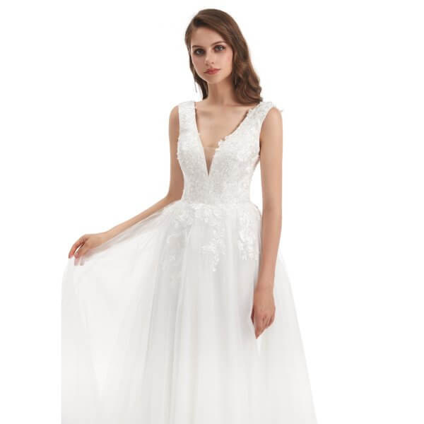 spaghetti v neck a line sleeveless tull wedding dress wz008