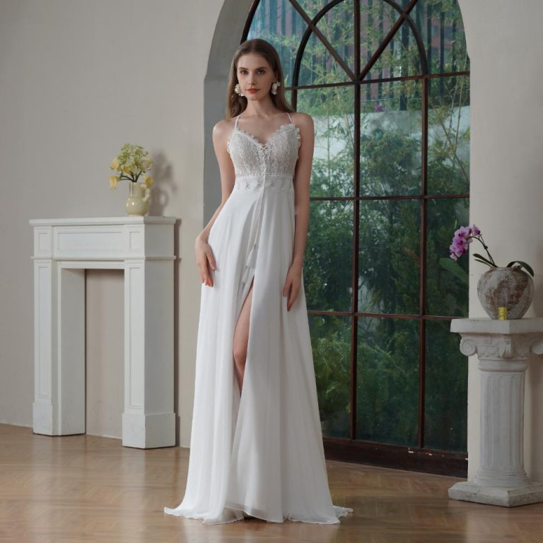 sexy back chiffion sleeveless sweep strain split a line wedding dress 0184