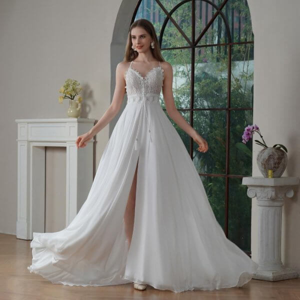 sexy back chiffion sleeveless sweep strain split a line wedding dress 0184
