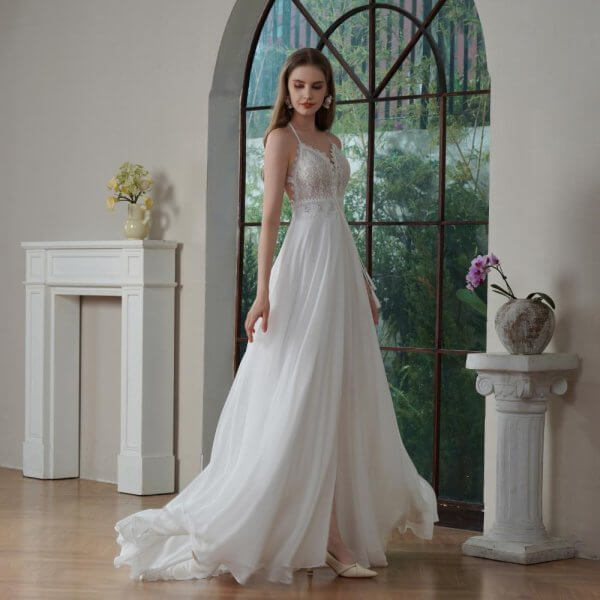sexy back chiffion sleeveless sweep strain split a line wedding dress 0184