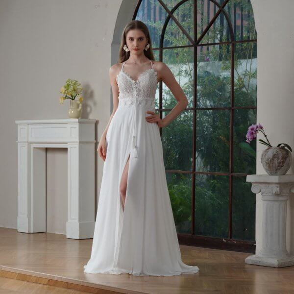 sexy back chiffion sleeveless sweep strain split a line wedding dress 0184
