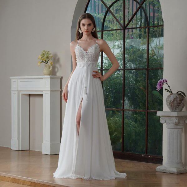 sexy back chiffion sleeveless sweep strain split a line wedding dress 0184