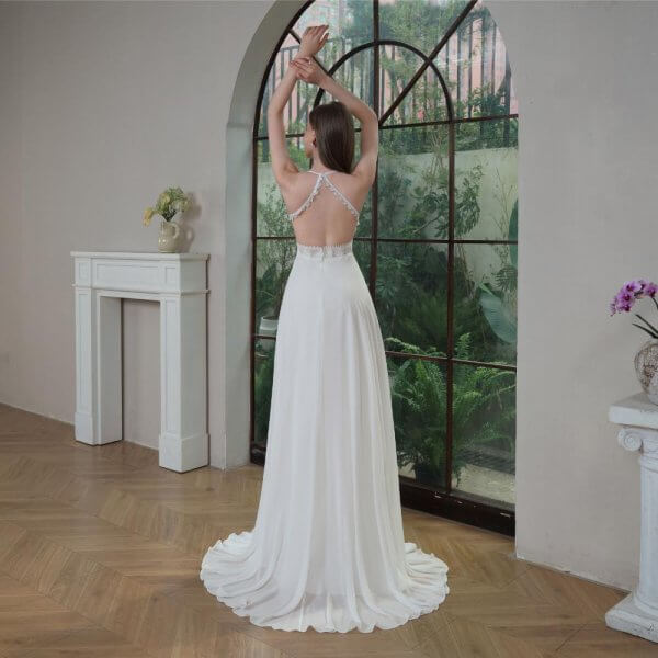 sexy back chiffion sleeveless sweep strain split a line wedding dress 0184