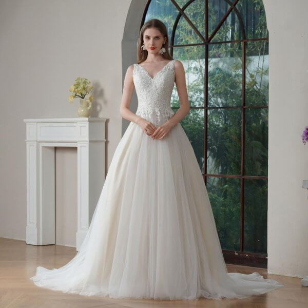 elegant a line wedding dress sleeveless v neck tull applique bridal dress 127247