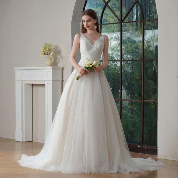 elegant a line wedding dress sleeveless v neck tull applique bridal dress 127247